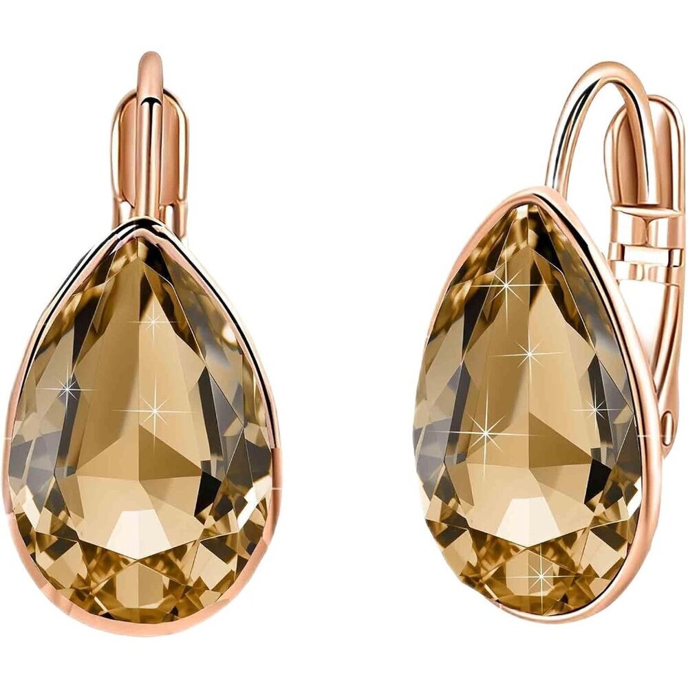 Teardrop Austrian Crystal Leverback Drop Earrings for Women 14K Rose Gold Plated